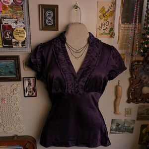 Y2K Satin Ruffled Blouse Women's Medium/Large Dark Purple Short Puff Sleeve